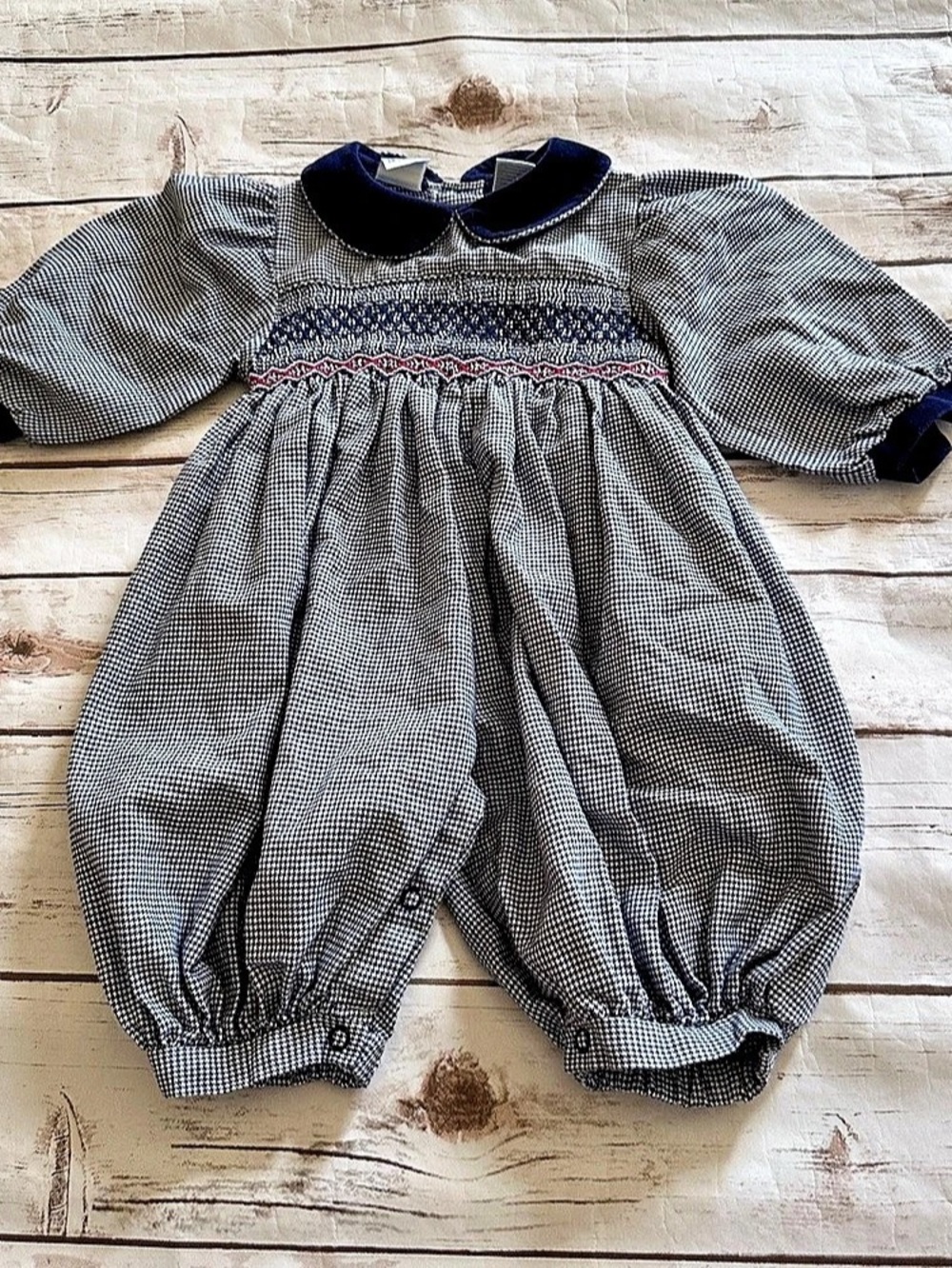 Vintage navy houndstooth smocked romper